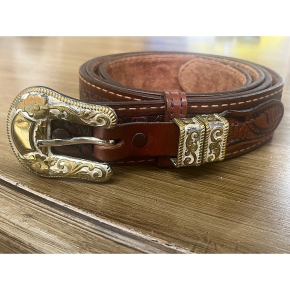 Nocona Men's Leather Western Belt with Silver/ Bronze Buckle size 50 - Picture 2 of 7